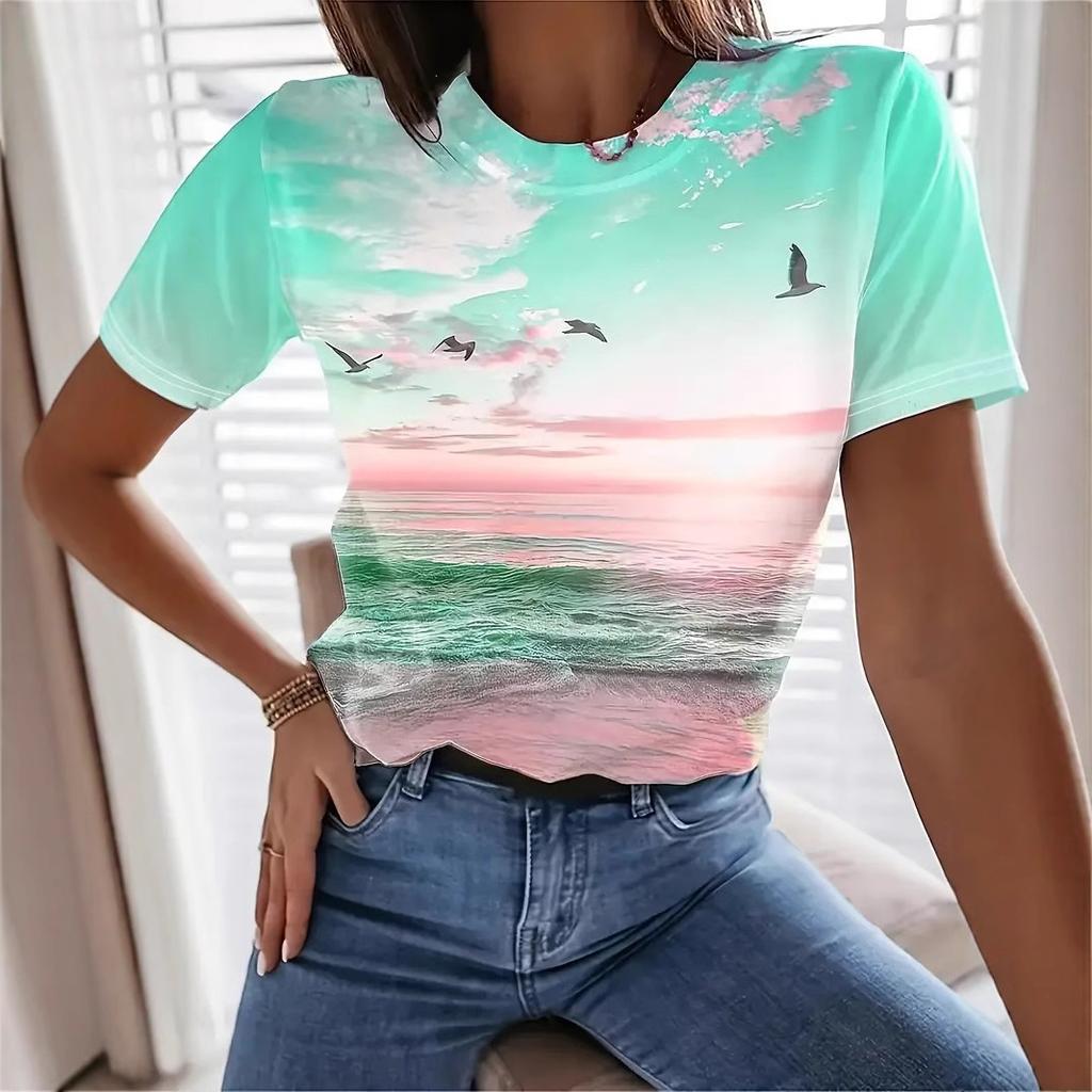 Letní dámské tričko s kulatým výstřihem a 3D potiskem mořského pobřeží, módní a ležérní, s krátkým rukávem