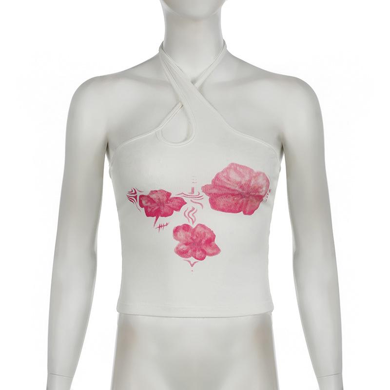 Asymmetrical Halter Crop Top y2k Floral Print Sleeveless White Tank Tops Women Basic Tees Vintage Sexy Camisole Harajuku