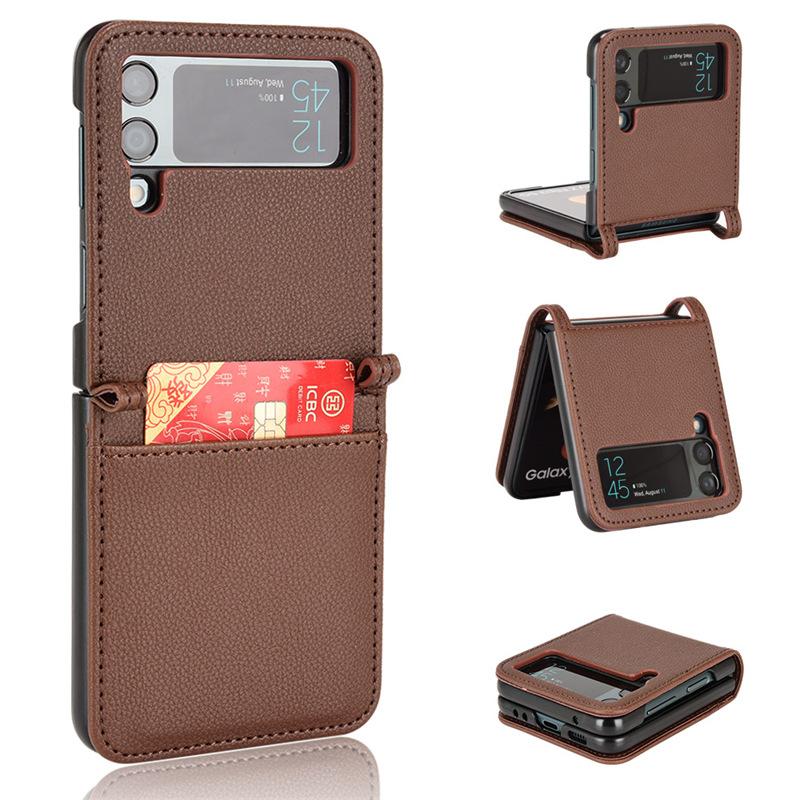 Applicable To Samsung Z Flip4 Folding Screen Mobile Phone Case Card Wallet ZFlip3 Mobile Phone Leather Case One-piece Lychee Pattern