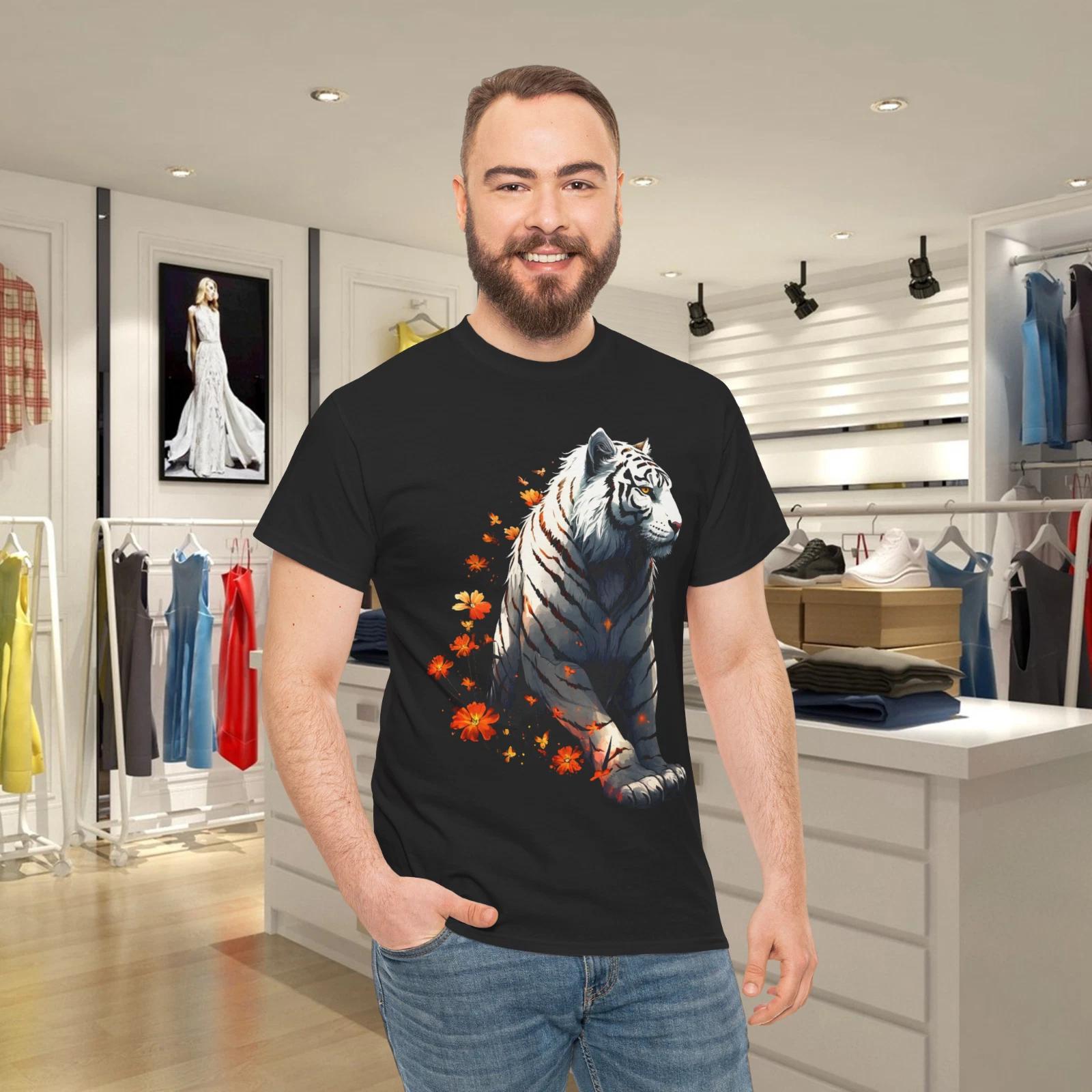 Tiger in White - Flowers Artwork - Animal Art Tiger T- Shirt S