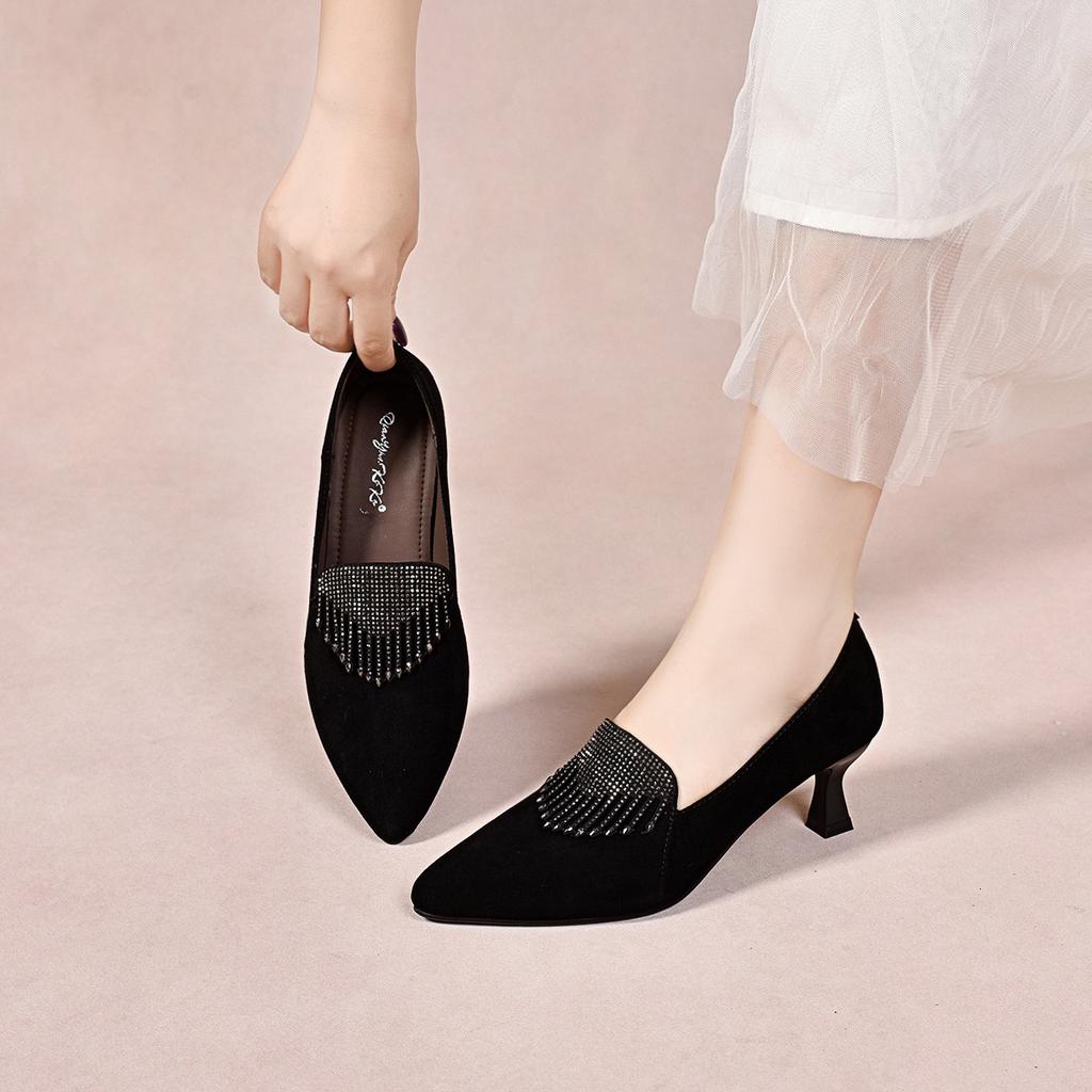 Pointed high heels women's 2025 autumn and winter simple temperament black small single shoes one pedal four-season shoes hot diamond fashion shoes