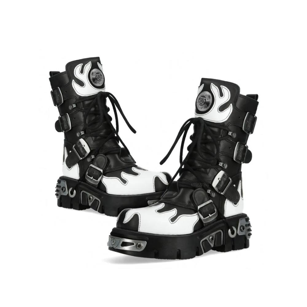 Men's Flame Metallic Goth Skull Punk Motorcycle Boots Platform Mid-Calf Boots Rock Round Toe Zip Women Western Biker Fashion