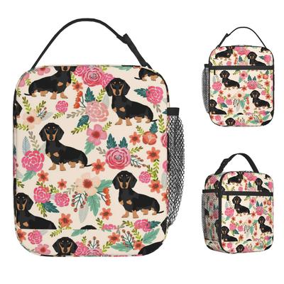 Floral Dachshund Dog Insulated Lunch Bag Large Animal Cartoon Lunch Container Thermal Bag Tote Lunch Box School Travel Food Bag