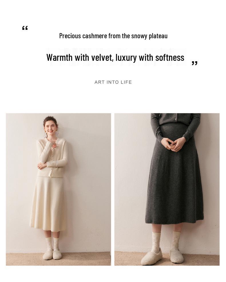 2025 Autumn/Winter Women's High-Waisted Cashmere Thick Knit Skirt with Elastic Waist