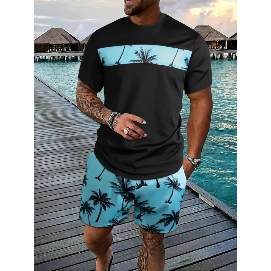 Hawaiian Beach Printed Summer Men's T-shirt Set Sportswear Men's Clothing Short Sleeve Shorts Set Men's T-shirt Set Lightweight