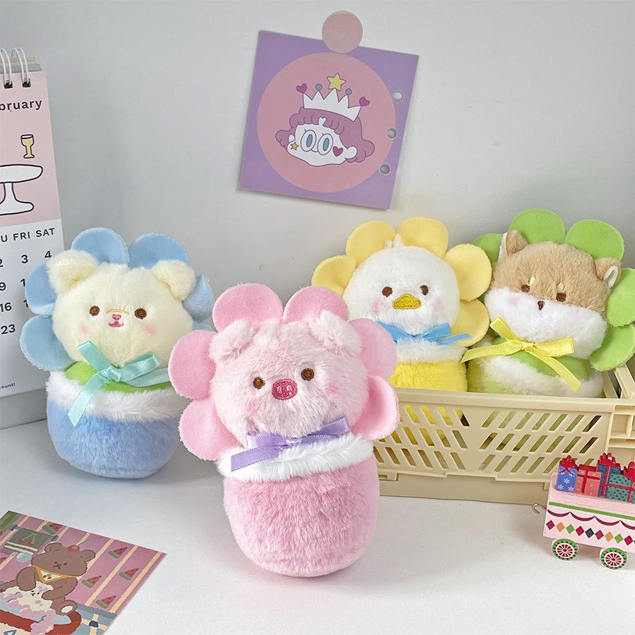 Cute Sun Flower Pot Duckling Bear Husky Pink Pig Plush Shoulder Bag Doll Pendant Creative Doll