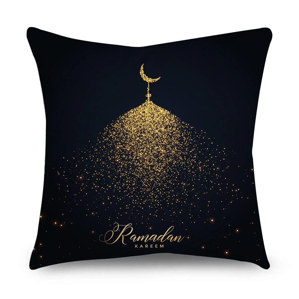 Ramadan Cushion Cover Islamic Eid Mubarak Black Gold Pillow Covers Home Decor Sofa Decorative Short Velvet Pillowcase 45cm*45cm