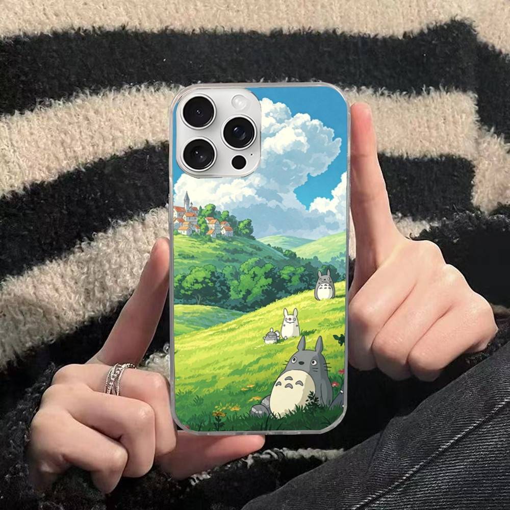 Cute T-Totoroes Silver Gradient Pleated Water Ripple Phone Case for IPhone 17 16 15 14 13 12 11 Pro Max