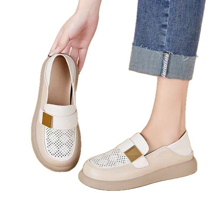 Women's Retro Soft Leather Closed-Toe Sandals - Breathable, Hollow Design for Summer 2025