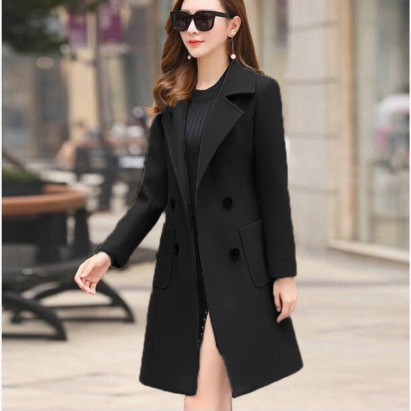

Высокое качество, осенне-зимнее однотонное шерстяное пальто для похудения и темперамента с длинной талией, женское шерстяное пальто L чёрный