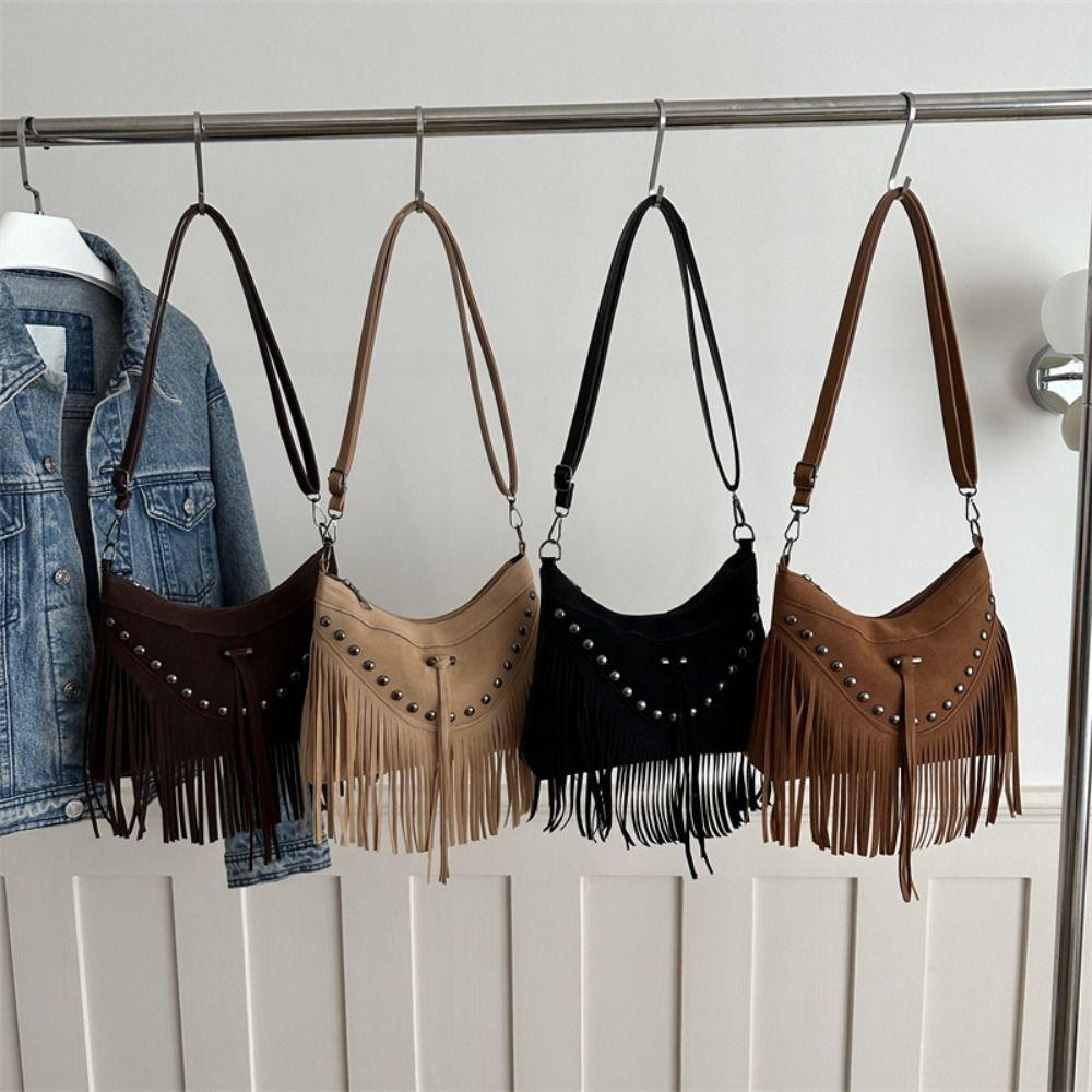 Korean Suede Crossbody Bag Rivet Ethnic Style Handbag Sweet Tassel Shoulder Bag Travel
