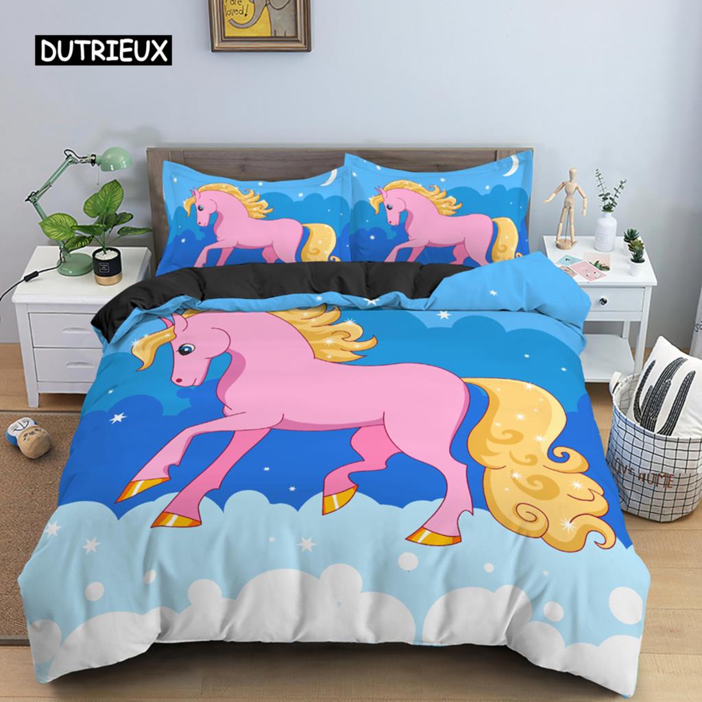 Unicorn Duvet Cover Set Cartoon Animal Bedding Set Single Twin King For Kids Girls Polyester Romantic Theme Star Comforter Cover