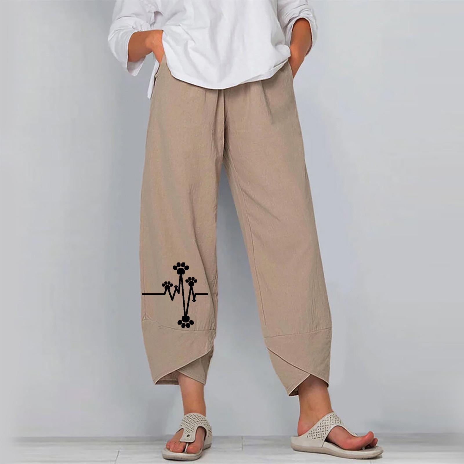 

Женские летние повседневные свободные широкие брюки из хлопка и льна с вышивкой L хаки