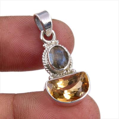 Natural Citrine,Labradorite Gemstone 925 Solid Silver Jewelry Pendant 1.25" D8m74