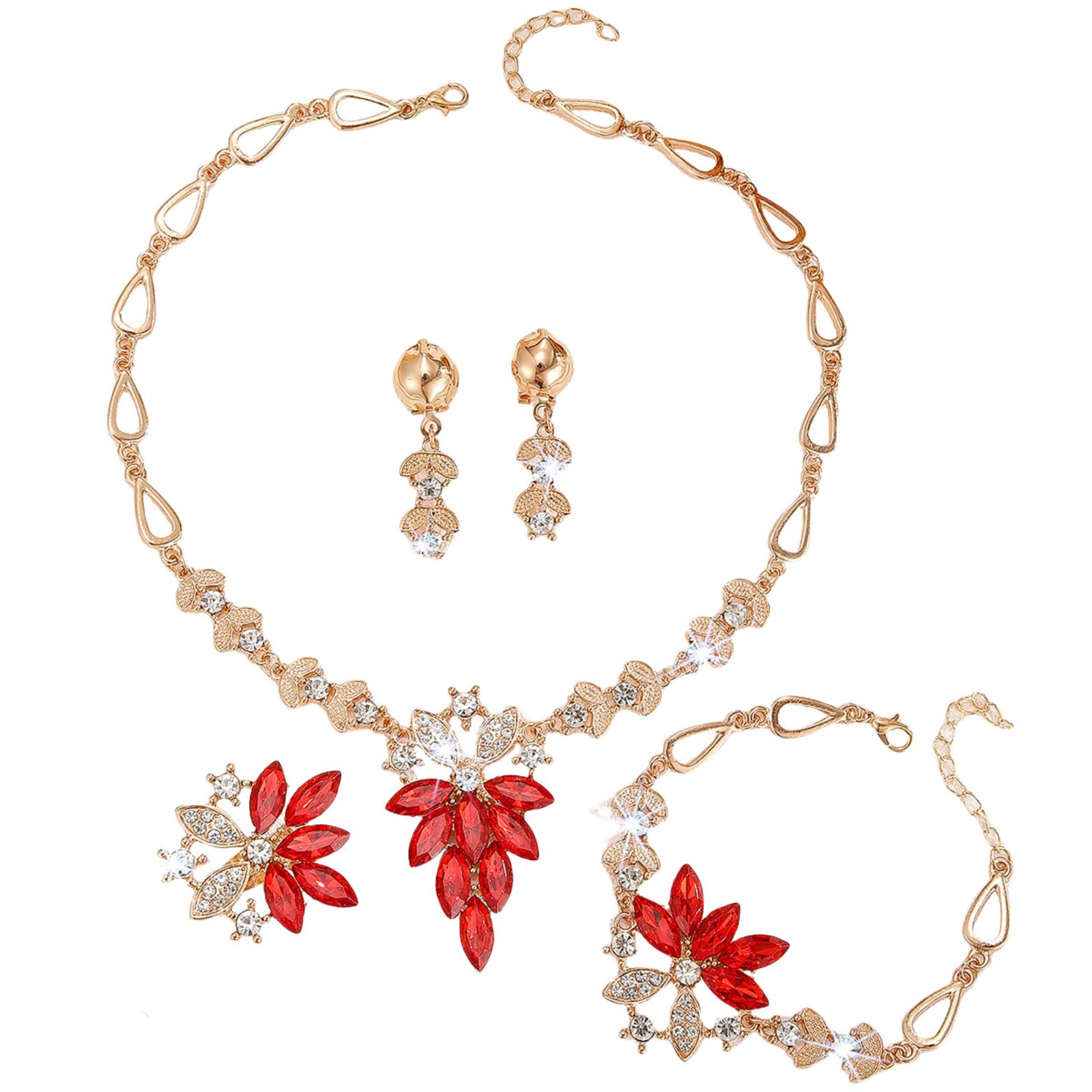 

Fashion Marquise Cut Rhinestone Necklace Earring Ring Bracelet Set Four Pieces Jewelry for Women Wedding Accessories One Size красный