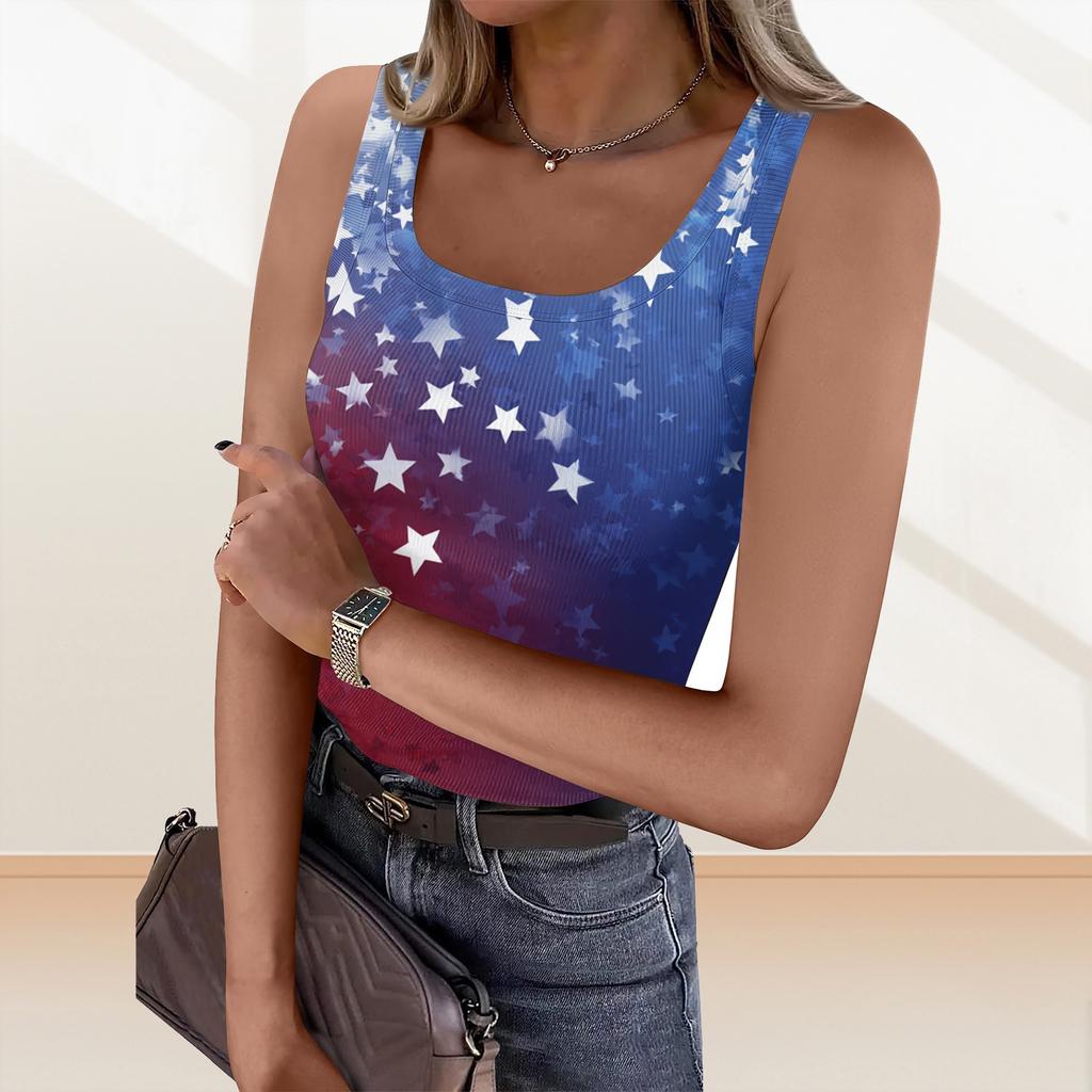 Women's Summer Fashionable Casual Independence Day Printed Round Neck Sleeveless Top Fitted Vest