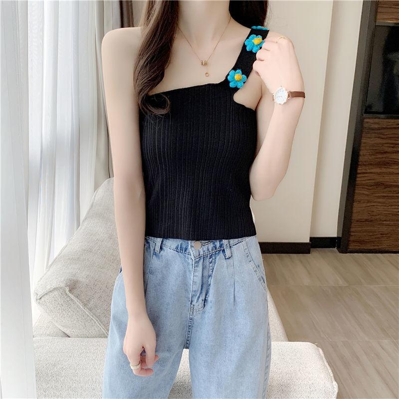 Single Shoulder Strap Slanted Shoulder Outer Wear Knitted Vest Suspender High Waist Exposed Navel Short Top Women's Summer