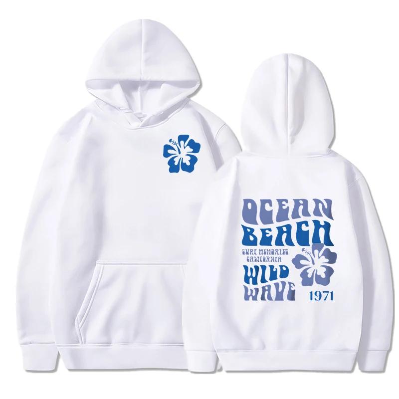 Ocean Beach Wild Wave Print Hoodie Women Vintage Sleeve Floral Letter Hooded Fashion Aesthetics Chasing Sunsets Sweatshirt