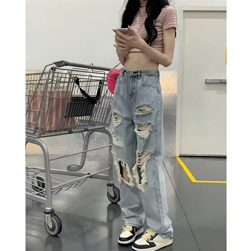 

Women s American Retro Light Blue Ripped Jeans - Casual Autumn Straight Wide Leg Pants 3X Large