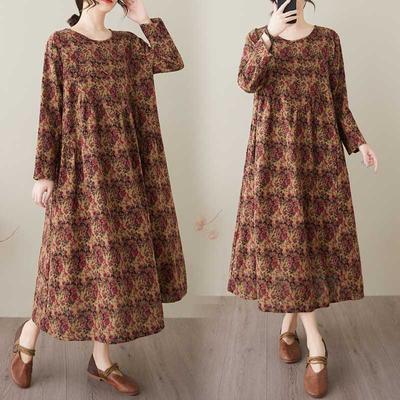 Frühling und Sommer Neues Vintage Baumwoll-Leinen Rundhals Blumen Taschen Langarmkleid für Damen Lockere Passform zum Schlankmachen - A-Linien-Rock