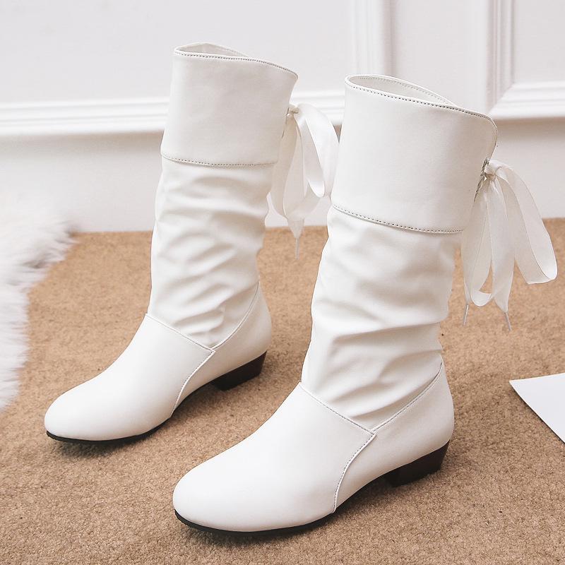 

Женские плиссированные полусапоги на низком каблуке - Размер 43, Большой ремешок сзади, Осень/Зима Европейский и американский стиль 36