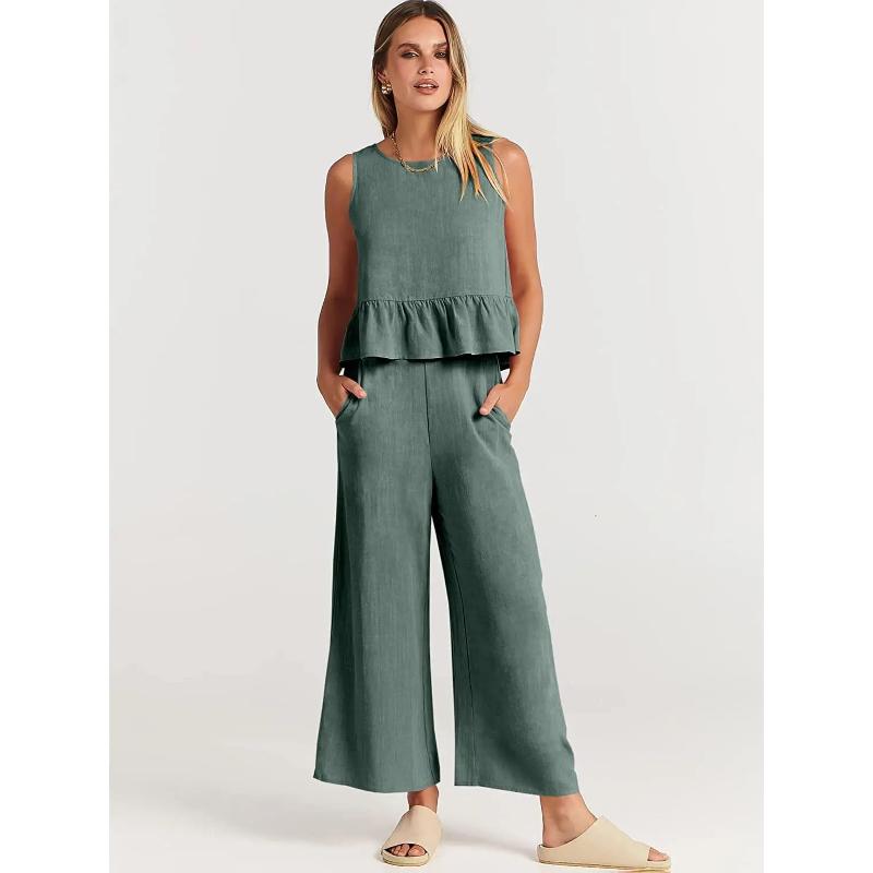 Summer Two Piece Set Women Casual Sleeveless Pleated Pants Sets Wide-leg Loose Clothes 2 Piece Sets O Neck Trouser Suits