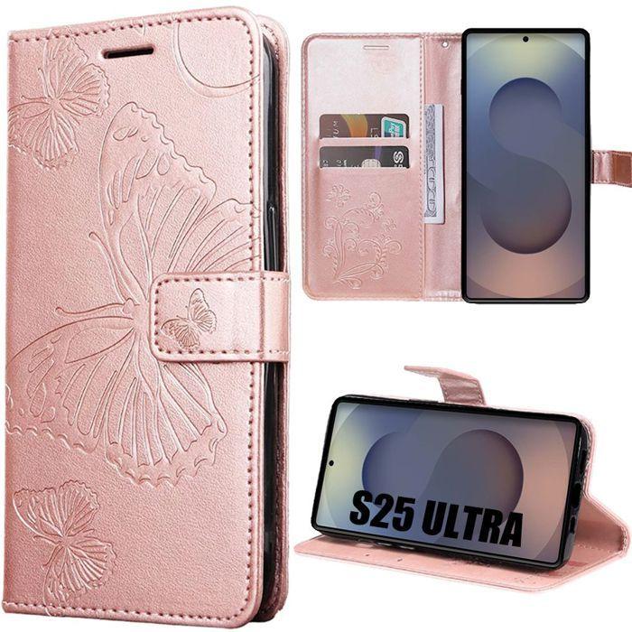 Coque de protection - BOOLING - pour Samsung Galaxy S25 Ultra - Cuir synthétique - Motif papillon - Rose