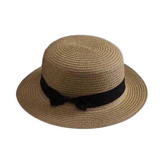 Beach Straw Hat Flat Top Wide Brim Sun Protection Hat with Black Ribbon Bow Hand-Woven Breathable Summer Hat