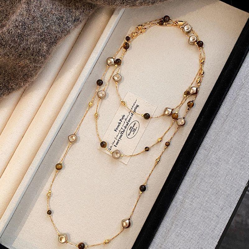 Gold-Plated Tiger Eye & Pearl Layered Necklace - Retro Y2K Sweater Chain Jewelry for Women