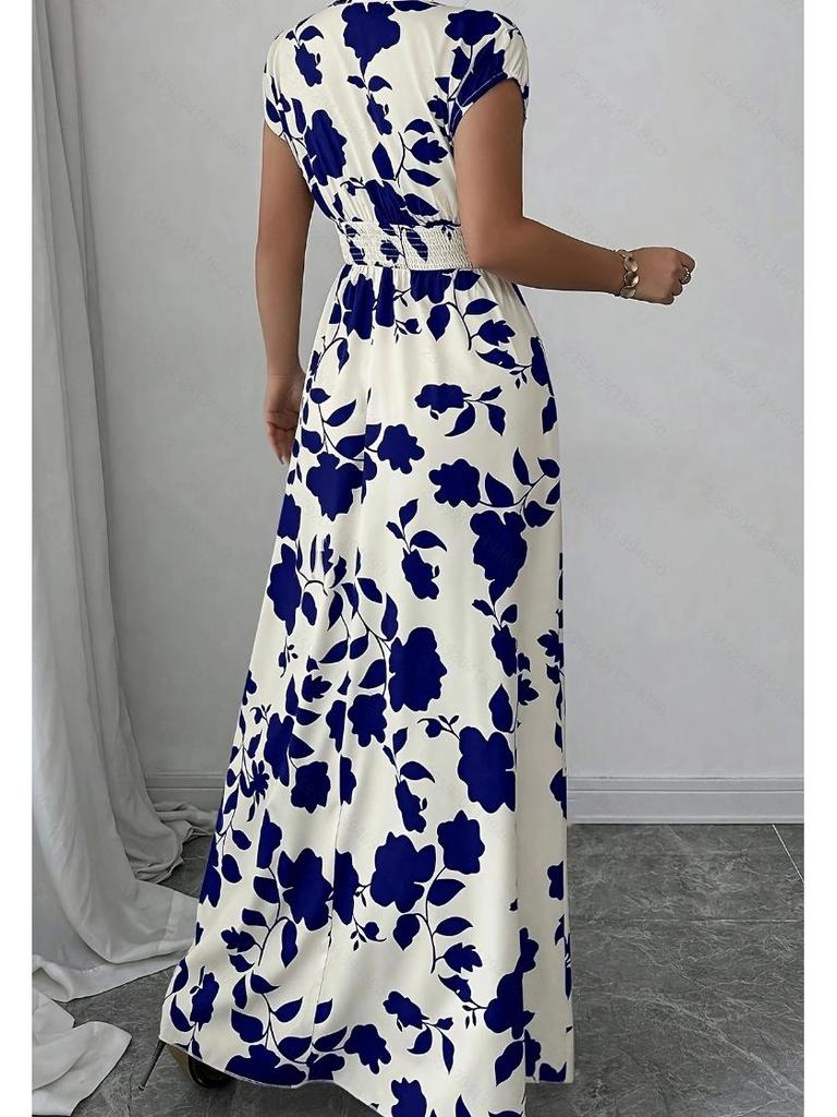 2025 Women's V-Neck Short Sleeve Tie-Up Dress with New Print - Spring/Summer Waist-Cinching Long Dress