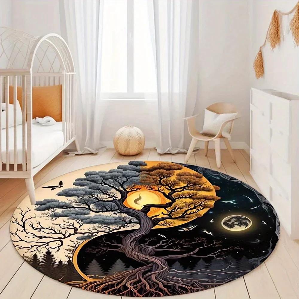 Yin Yang Round Rug Non-Slip Machine Washable Rug with Sakura Goldfish Dragon Lion Cat Tree Design for Living Room Bedroom