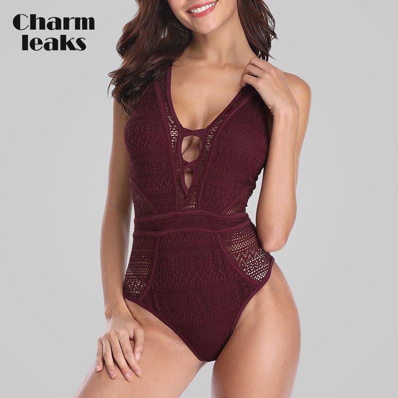 CHARMLEAKS Femmes une pièce maillot de bain maille maillots de bain V profond maillots de bain pansement Sexy Monokini maillot de bain