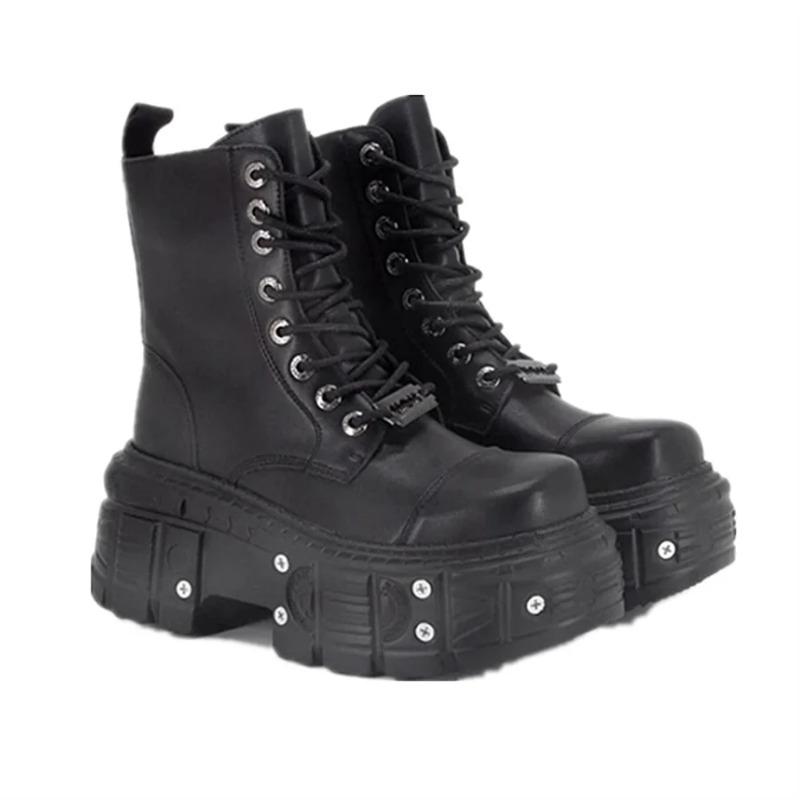 Fashion Punk Style Women Boots Lace-up Heel Height Platform Shoes Woman Gothic Ankle Rock Boots Metal Decor Woman Sneakers 2025