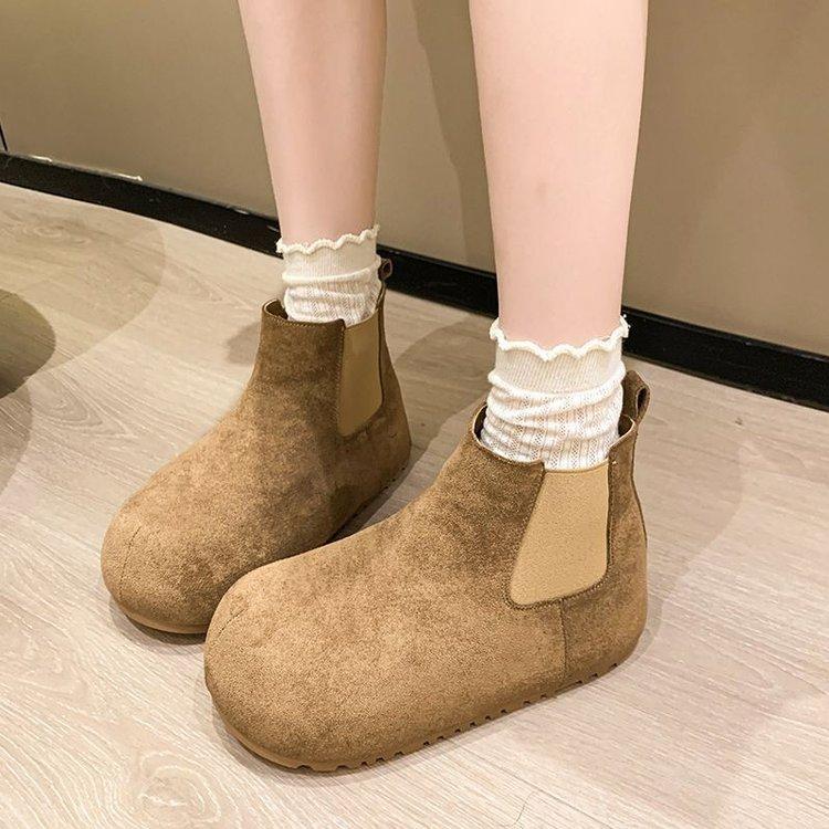 Internet celebrity matte leather platform Chelsea short boots winter  new retro velvet big head heightening cotton shoes