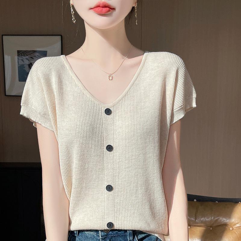 Short-sleeved V-neck Plus-size Women's T-shirt Summer Form-fitting Topsimple Base Layer