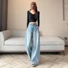 Women's 2025 Retro Blue High Waist Wide-Leg Jeans: Loose, Slimming, Floor-Length Pants