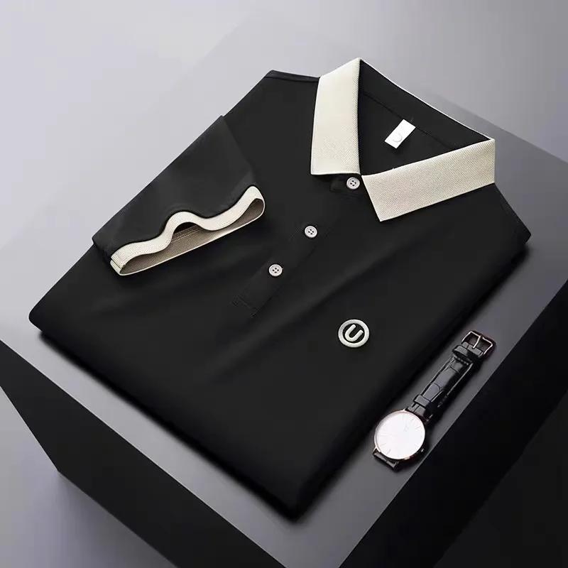 Ice silk short-sleeved T-shirt for men, new summer high-end embroidered luxurious silky quick-dry breathable polo shirt.