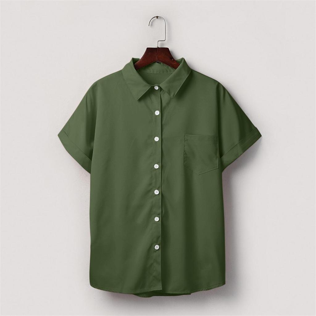 Damen Kurzarmhemden Einfarbig Casual Button Down Bluse Tops Mit Brusttasche