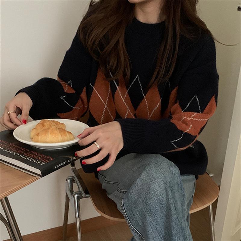 2023 Trendy Women's Diamond Pattern Sweater - Autumn/Winter Lazy Chic Elevated Design