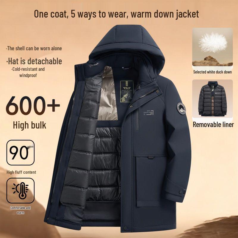 Men's Mid-Length Fitted Down Jacket with Detachable Liner - Business Casual Winter Wear