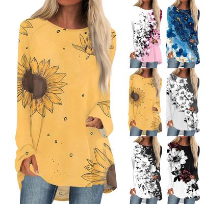 Women's Fashion Casual Long Sleeve Print Round Neck Pullover Top Blouse