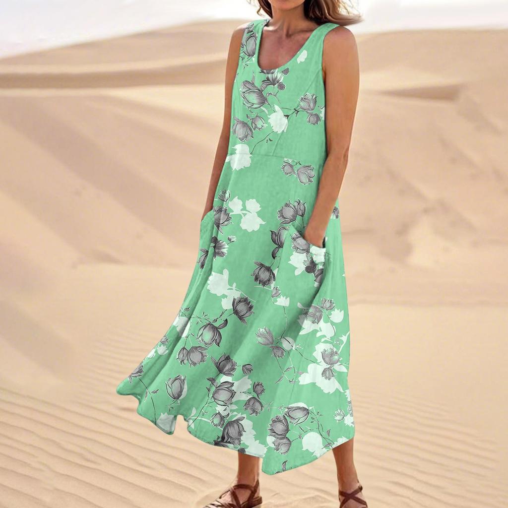 Women's Summer Casual Fashion Flower Printed Sleeveless  Pocket Dress