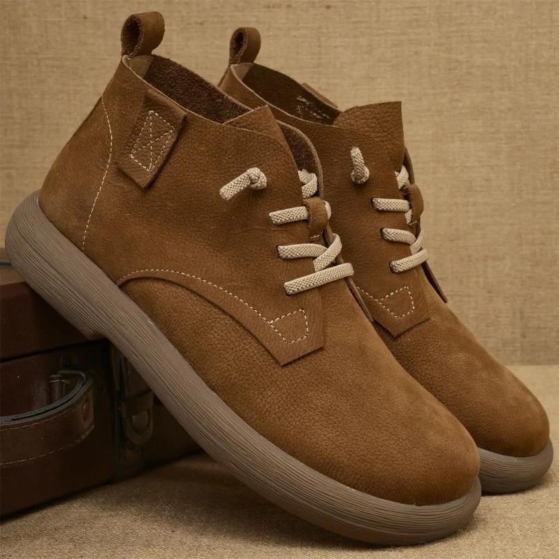 New Men's Cowhide Short Boots Winter Stretch Shoelace Ankle Boots Men's Leather Soft Bottom Vintage Workwear shoes Chelsea Boots