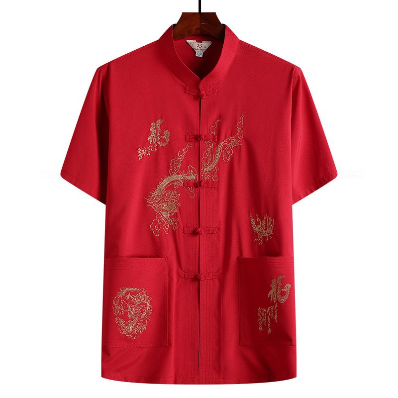 Middle-aged and Elderly Chinese Style Tang Suit Dad Summer Short-sleeved Suit Grandpa Summer Chinese Button-down Shirt and Pants Two-piece Set