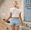 Summer Women's Solid Color Round Neck Small Fly Sleeve Slim Fit Top