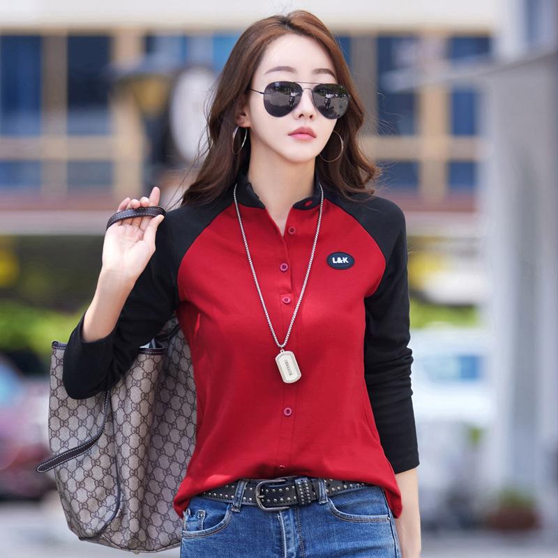 

Женская хлопковая футболка на пуговицах, весенняя офисная футболка с длинными рукавами и воротником-стойкой, корейская рубашка в стиле Харадзюку, рубашка больших размеров, топ 3XL красный