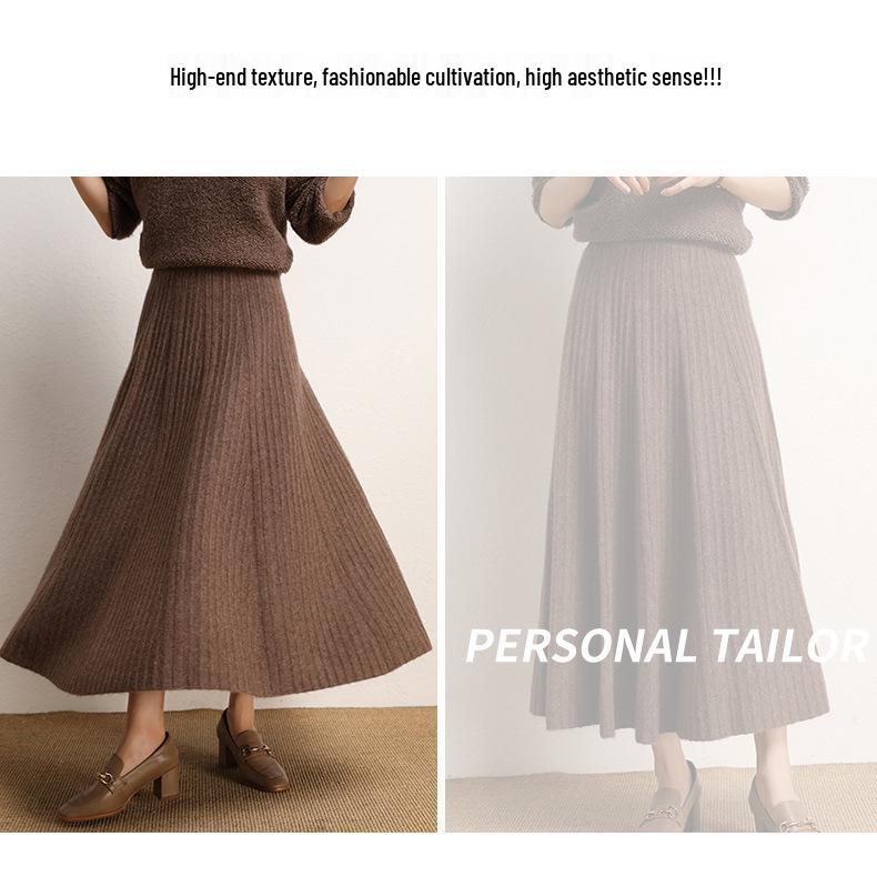 Women's High-Waisted Cashmere Pleated A-Line Skirt - Autumn/Winter Korean Style, Solid Color, Casual Wear