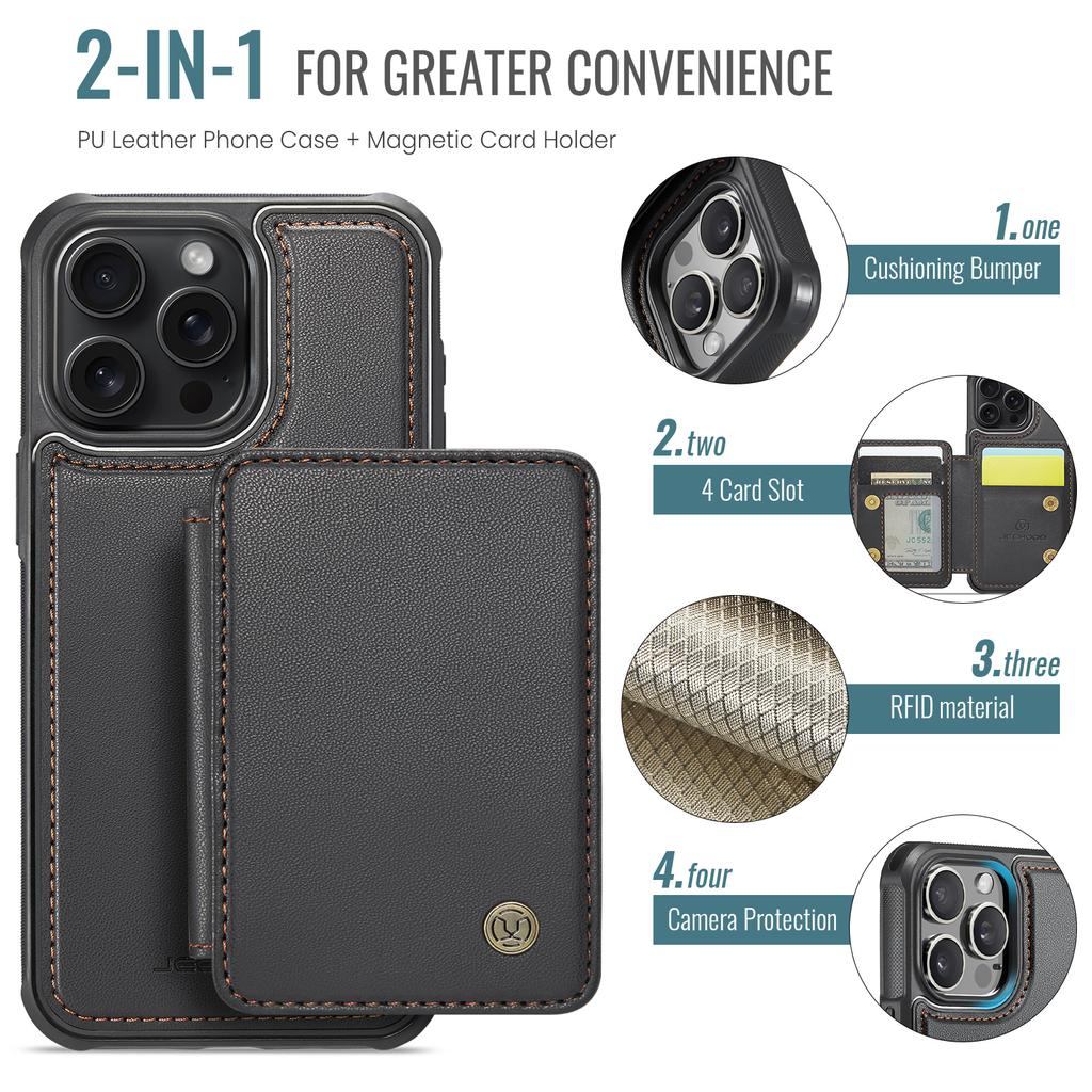 JEEHOOD J05 For iPhone 16 Pro Case Leather Mobile Cover with Detachable Magnetic Card Bag