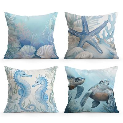 4 Stück/Set Meeres-Element-Design Kissen Kissenbezug Polyester Kissenbezug Dekokissen Kissenbezug Heim Auto Sofa Dekor