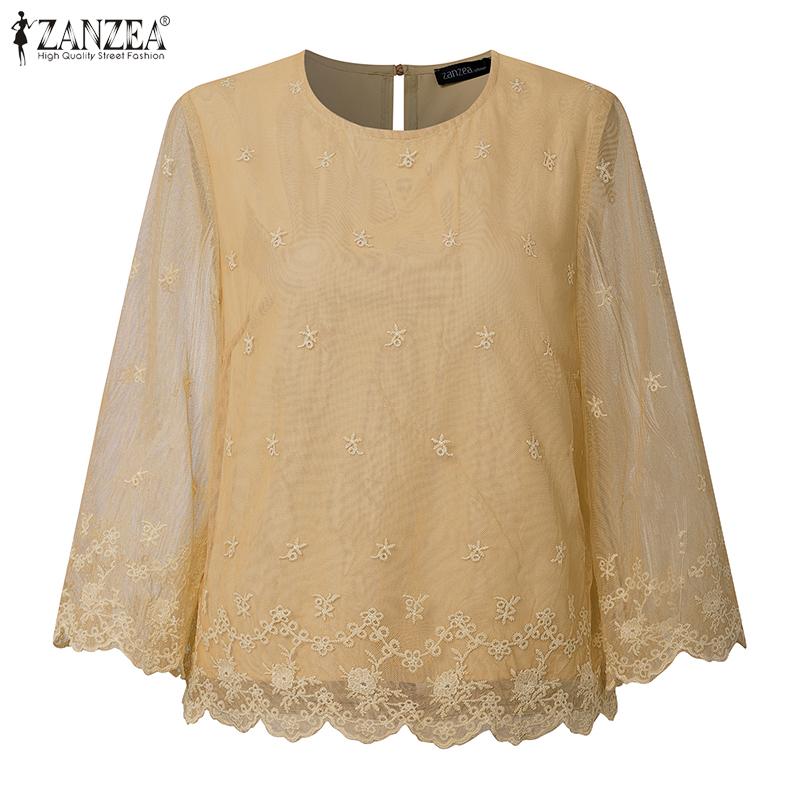 ZANZEA Womens Casual Embroidery Lace Patchwork Loose 3/4 Sleeve Blouse